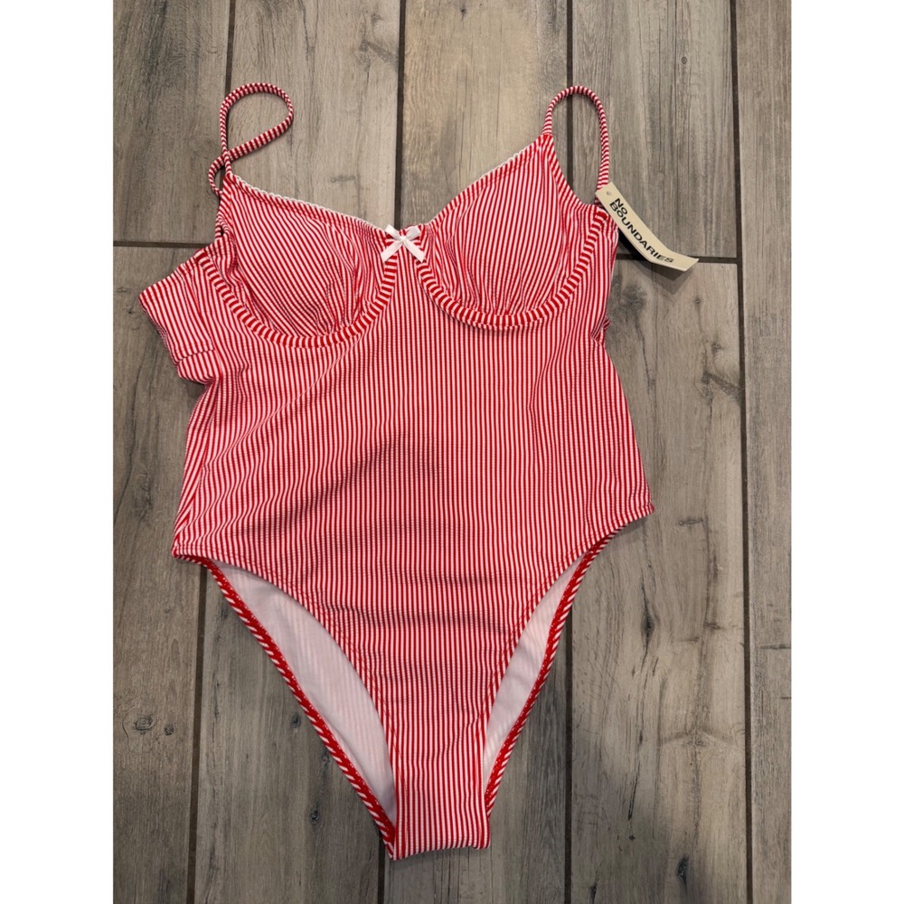 No Boundaries Red White Striped Ribbed One Piece Swimsuit Cheeky High Leg Large